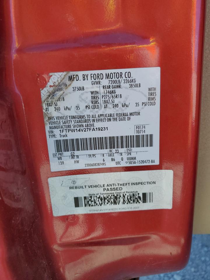 2007 Ford F150 Supercrew VIN: 1FTPW14V27FA19231 Lot: 70303585