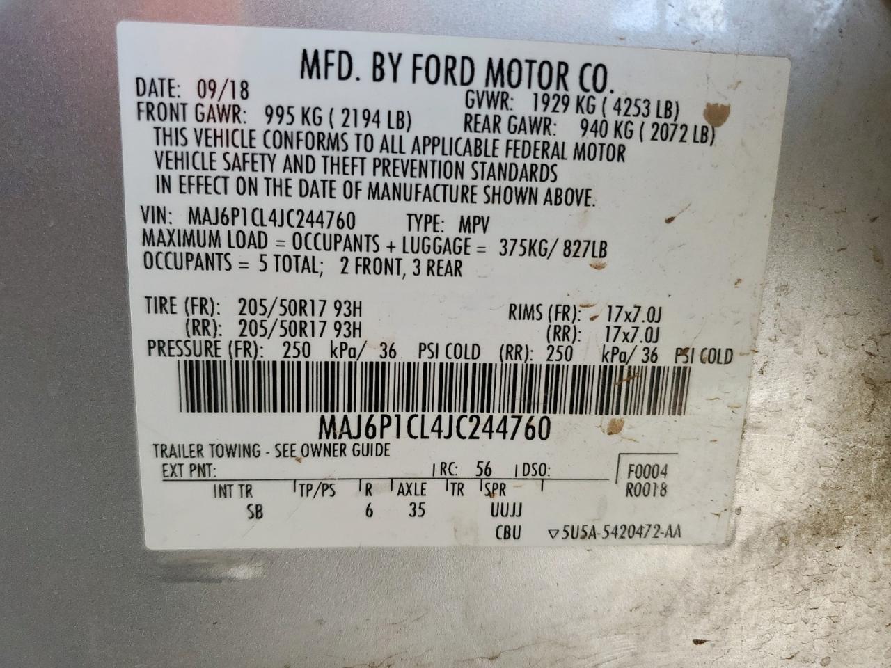 2018 Ford Ecosport Ses VIN: MAJ6P1CL4JC244760 Lot: 69462485