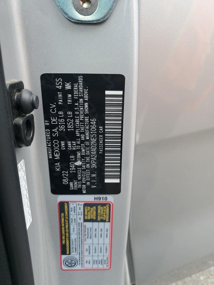 2022 Kia Rio Lx VIN: 3KPA24AD2NE510646 Lot: 69842925