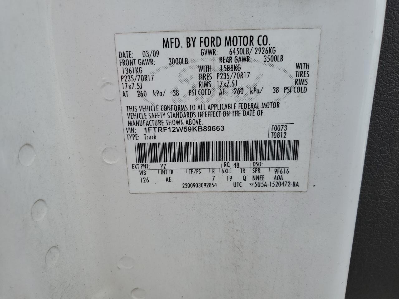 2009 Ford F150 VIN: 1FTRF12W59KB89663 Lot: 69732565