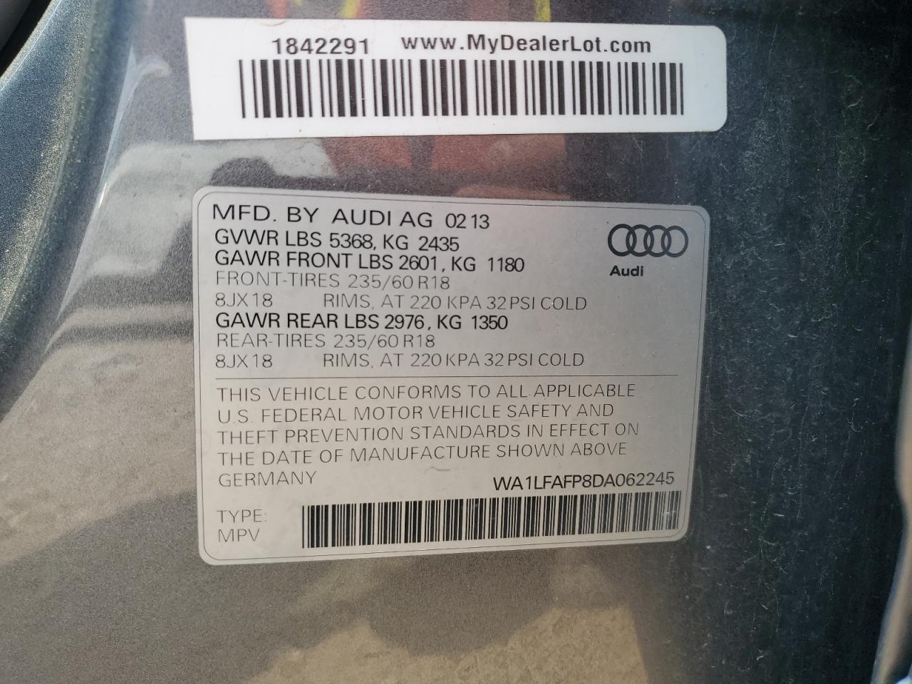 2013 Audi Q5 Premium Plus VIN: WA1LFAFP8DA062245 Lot: 67403225