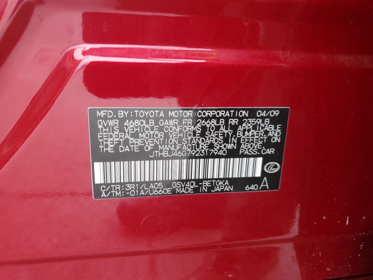 2009 Lexus Es 350 VIN: JTHBJ46G792317940 Lot: 68470715