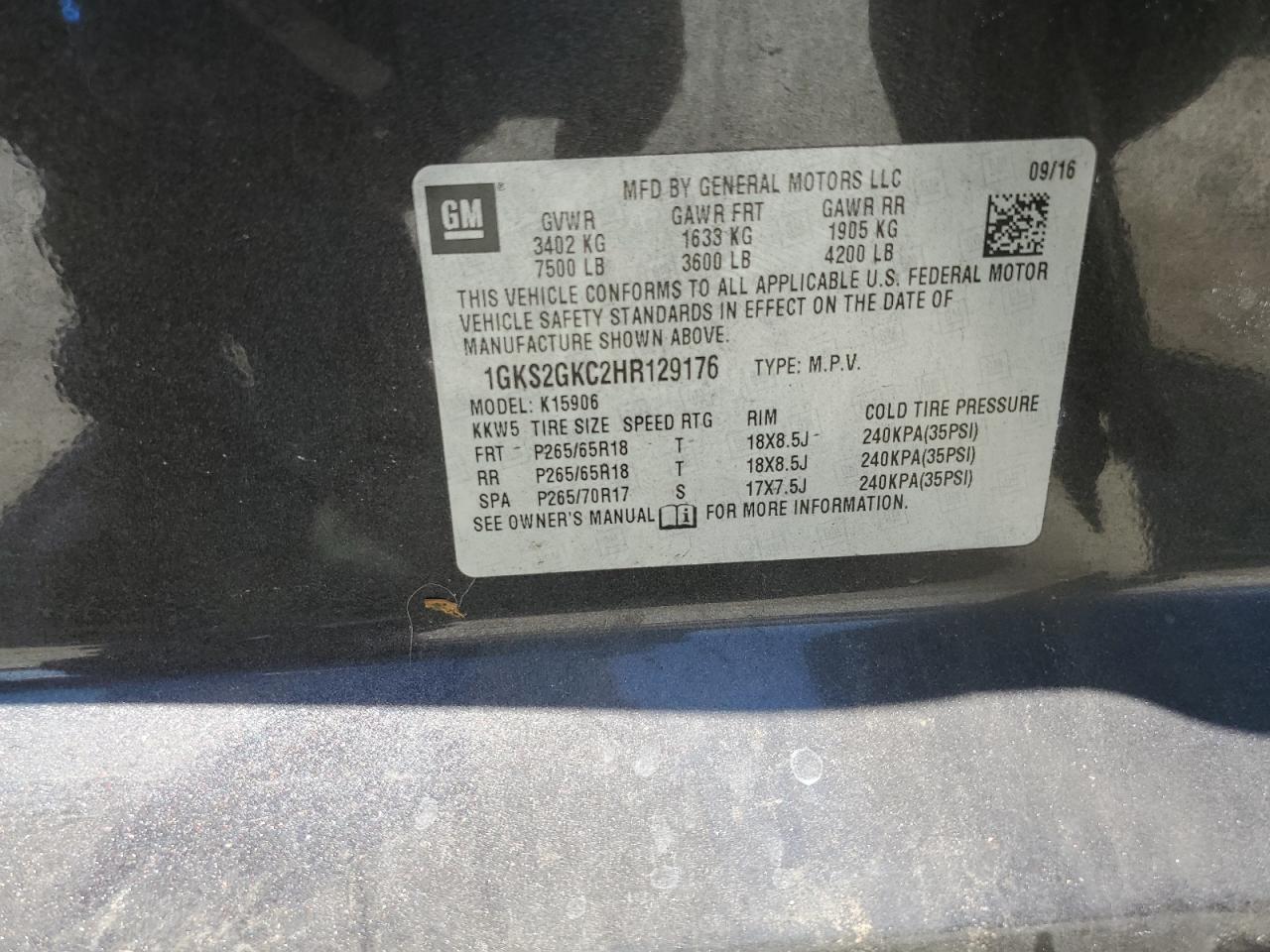 2017 GMC Yukon Xl K1500 Slt VIN: 1GKS2GKC2HR129176 Lot: 69362055