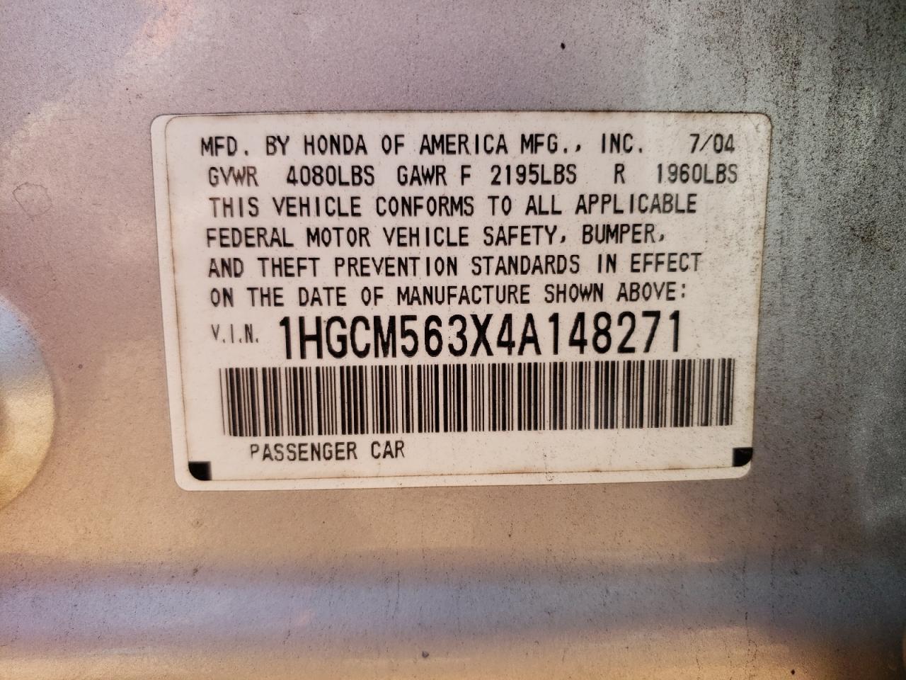 2004 Honda Accord Lx VIN: 1HGCM563X4A148271 Lot: 69664555