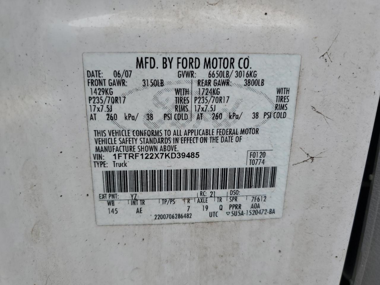 2007 Ford F150 VIN: 1FTRF122X7KD39485 Lot: 68767055