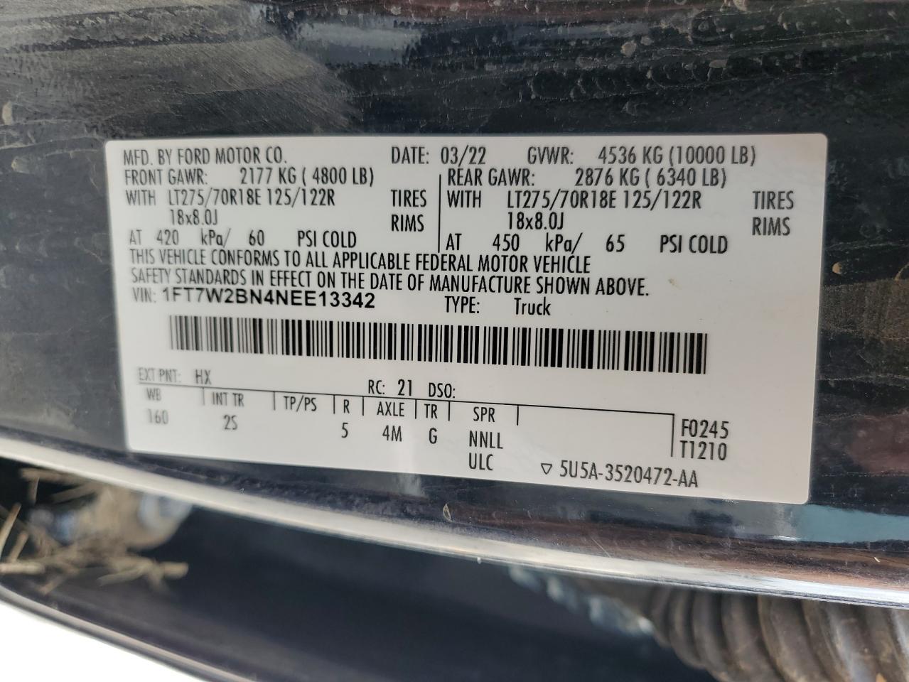 2022 Ford F250 Super Duty VIN: 1FT7W2BN4NEE13342 Lot: 67587695