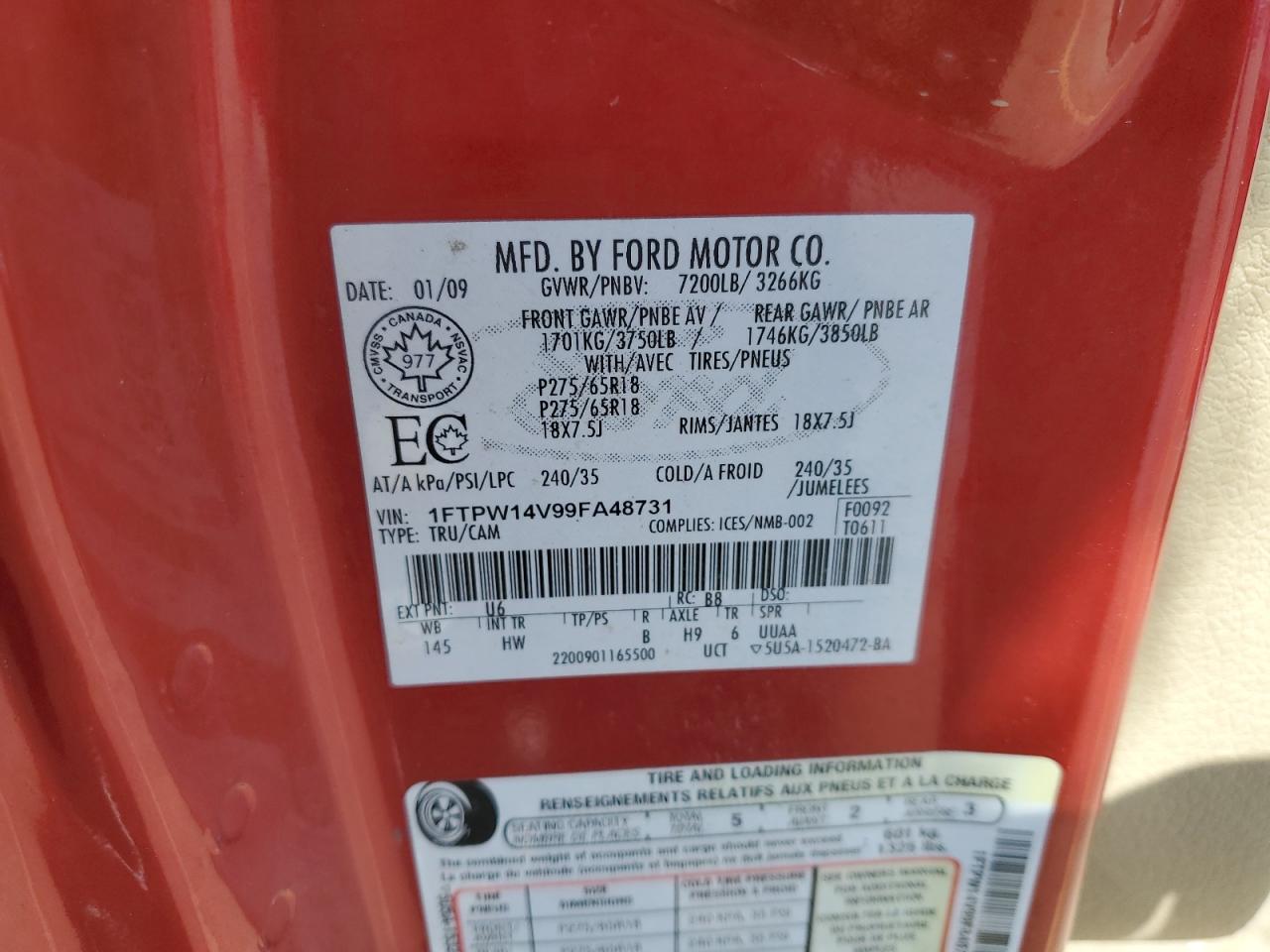 2009 Ford F150 Supercrew VIN: 1FTPW14V99FA48731 Lot: 69243725