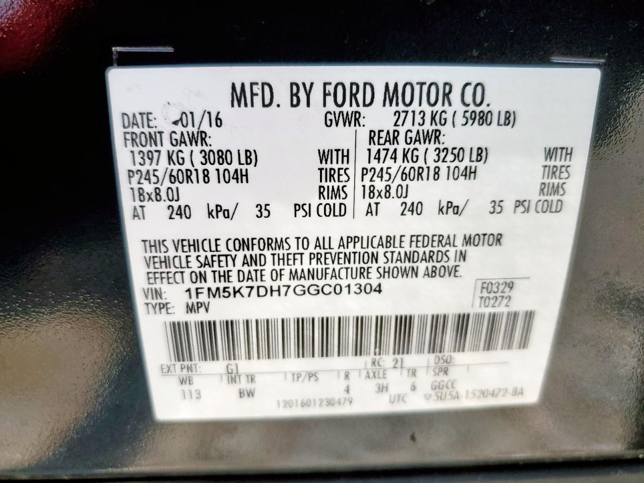 2016 Ford Explorer Xlt VIN: 1FM5K7DH7GGC01304 Lot: 69663105