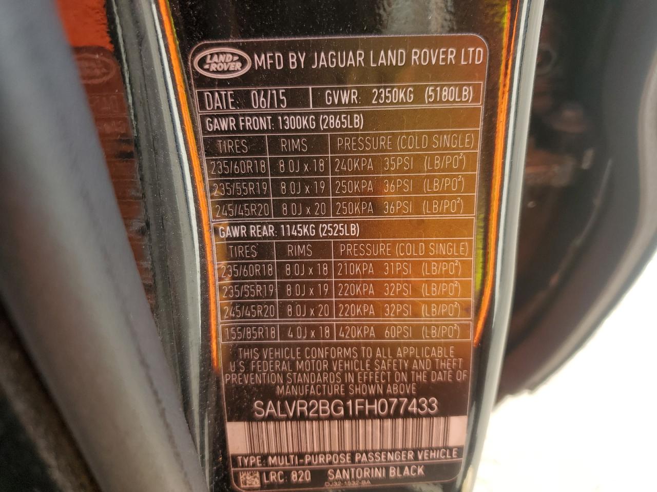 2015 Land Rover Range Rover Evoque Pure Premium VIN: SALVR2BG1FH077433 Lot: 68570965