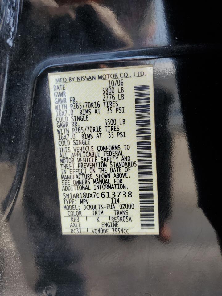 2007 Nissan Pathfinder Le VIN: 5N1AR18UX7C613738 Lot: 69798455