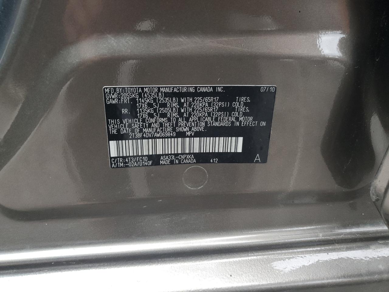 2010 Toyota Rav4 VIN: 2T3BF4DV7AW069849 Lot: 70300065