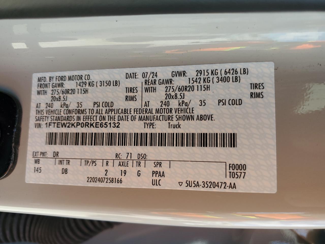 2024 Ford F150 Stx VIN: 1FTEW2KP0RKE65132 Lot: 69484175