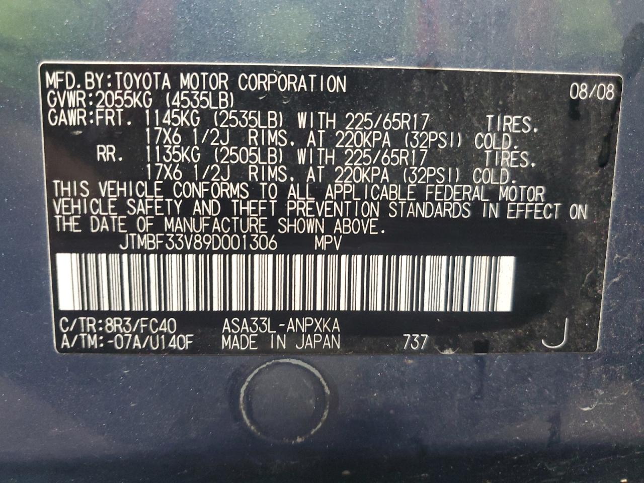 2009 Toyota Rav4 VIN: JTMBF33V89D001306 Lot: 69399295