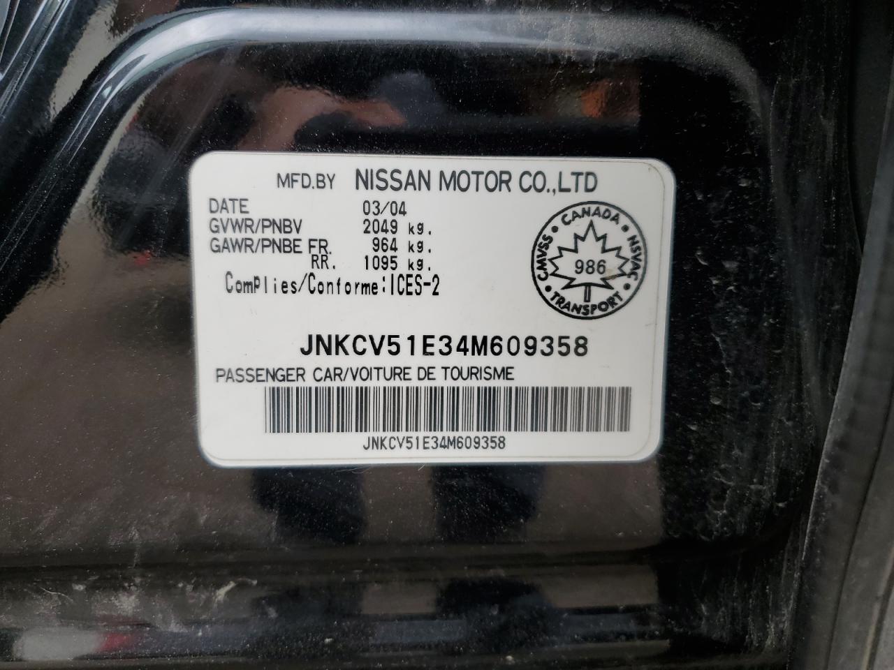 2004 Infiniti G35 VIN: JNKCV51E34M609358 Lot: 68010935