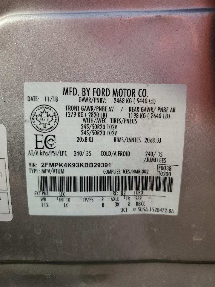 2019 Ford Edge Titanium VIN: 2FMPK4K93KBB29391 Lot: 70299925