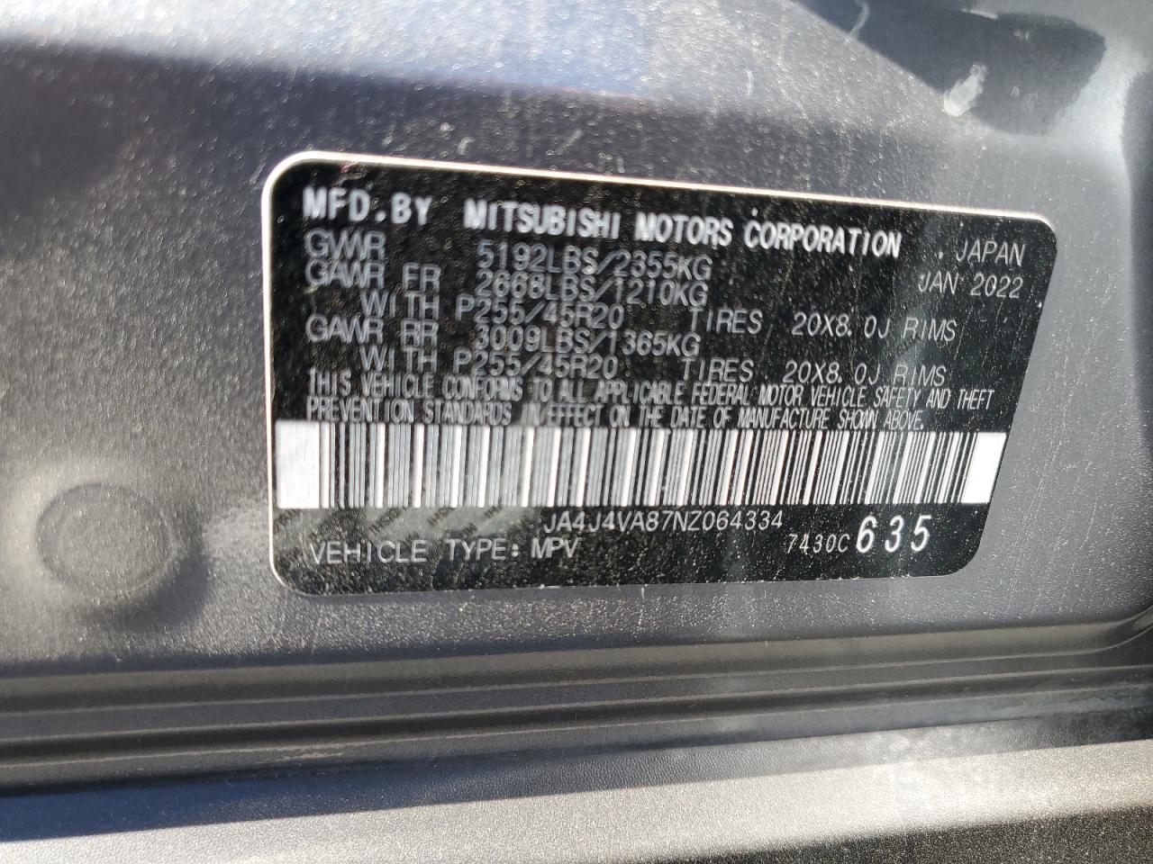 2022 Mitsubishi Outlander Sel VIN: JA4J4VA87NZ064334 Lot: 68924225