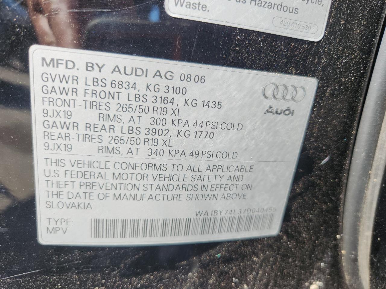 2007 Audi Q7 3.6 Quattro Premium VIN: WA1BY74L37D040455 Lot: 70102665