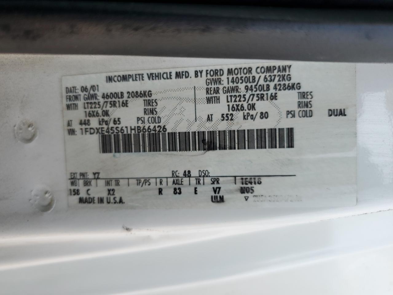 2001 Ford Econoline E450 Super Duty Cutaway Van VIN: 1FDXE45S61HB66426 Lot: 67051235