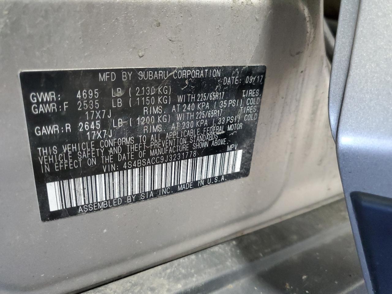 2018 Subaru Outback 2.5I Premium VIN: 4S4BSACC9J3231778 Lot: 68453275