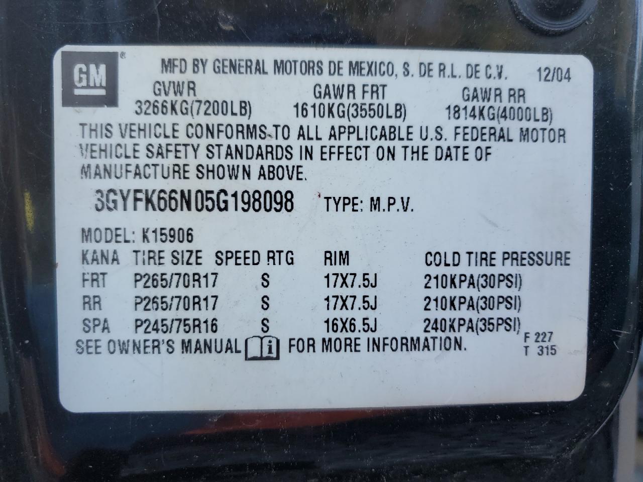 2005 Cadillac Escalade Esv VIN: 3GYFK66N05G198098 Lot: 70333505