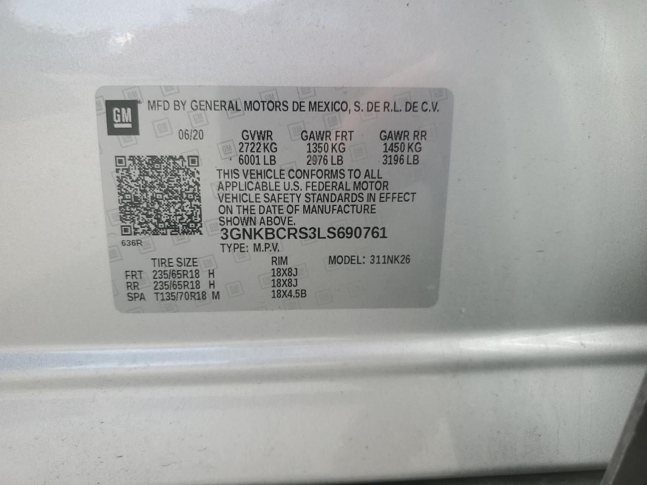 2020 Chevrolet Blazer 2Lt VIN: 3GNKBCRS3LS690761 Lot: 69880215