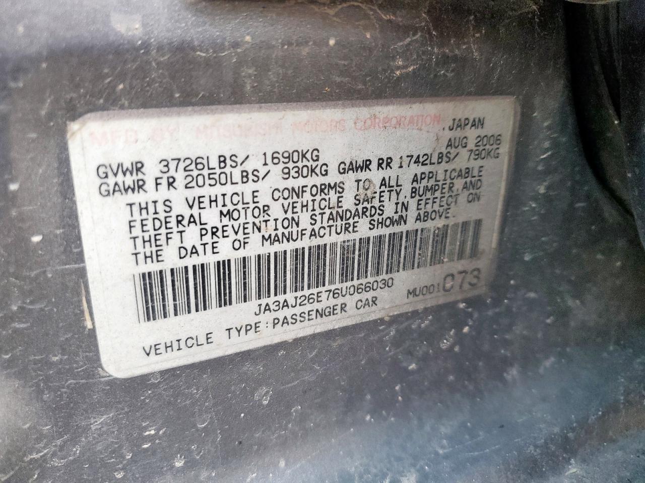 2006 Mitsubishi Lancer Es VIN: JA3AJ26E76U066030 Lot: 70379215