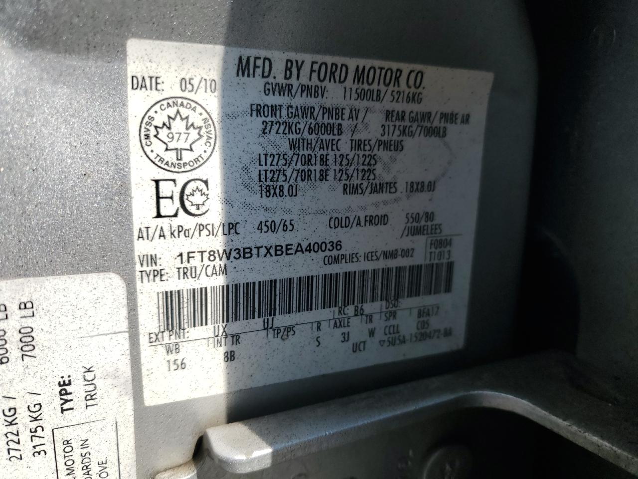 2011 Ford F350 Super Duty VIN: 1FT8W3BTXBEA40036 Lot: 71180575