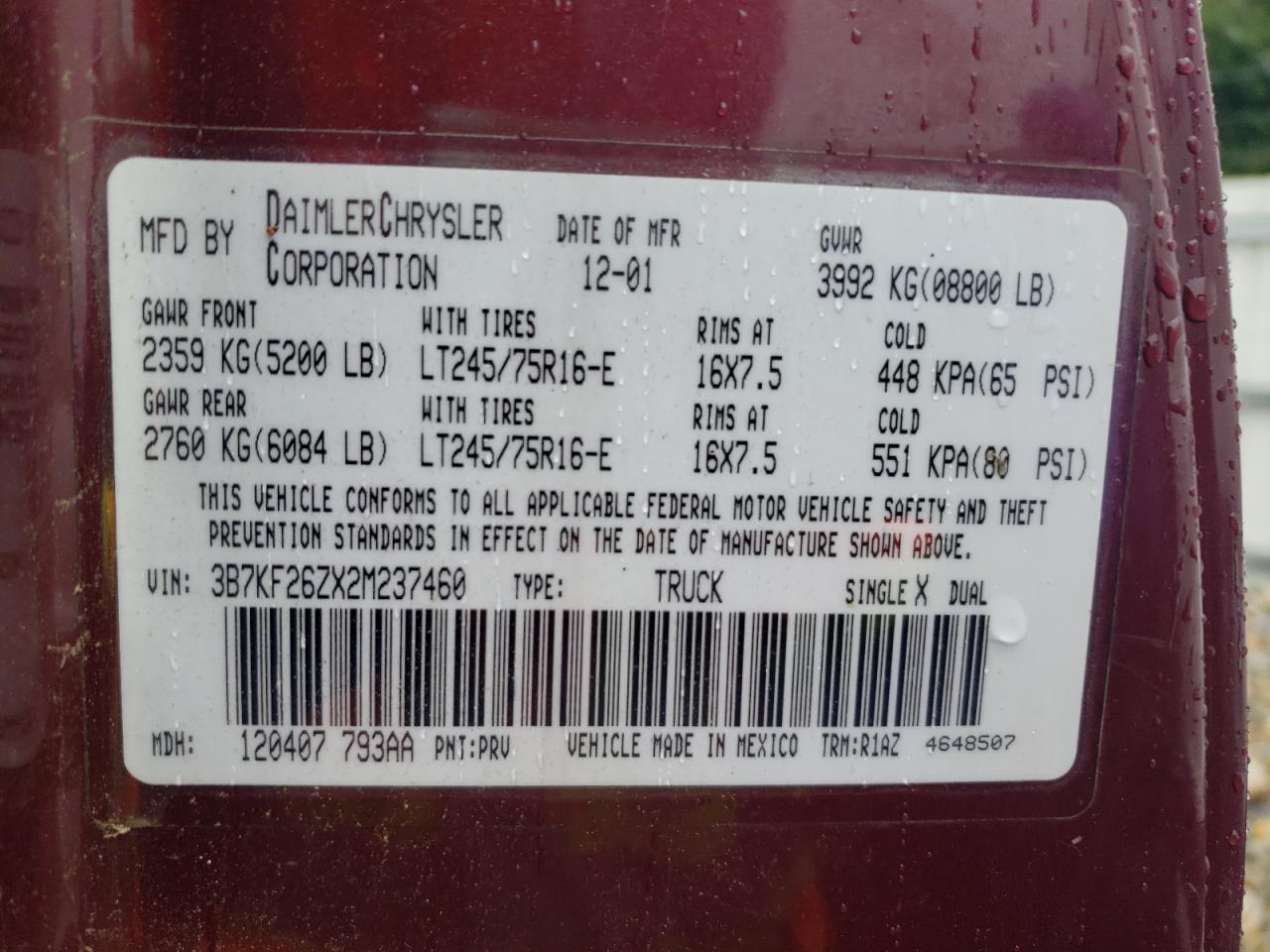 2002 Dodge Ram 2500 VIN: 3B7KF26ZX2M237460 Lot: 69494865