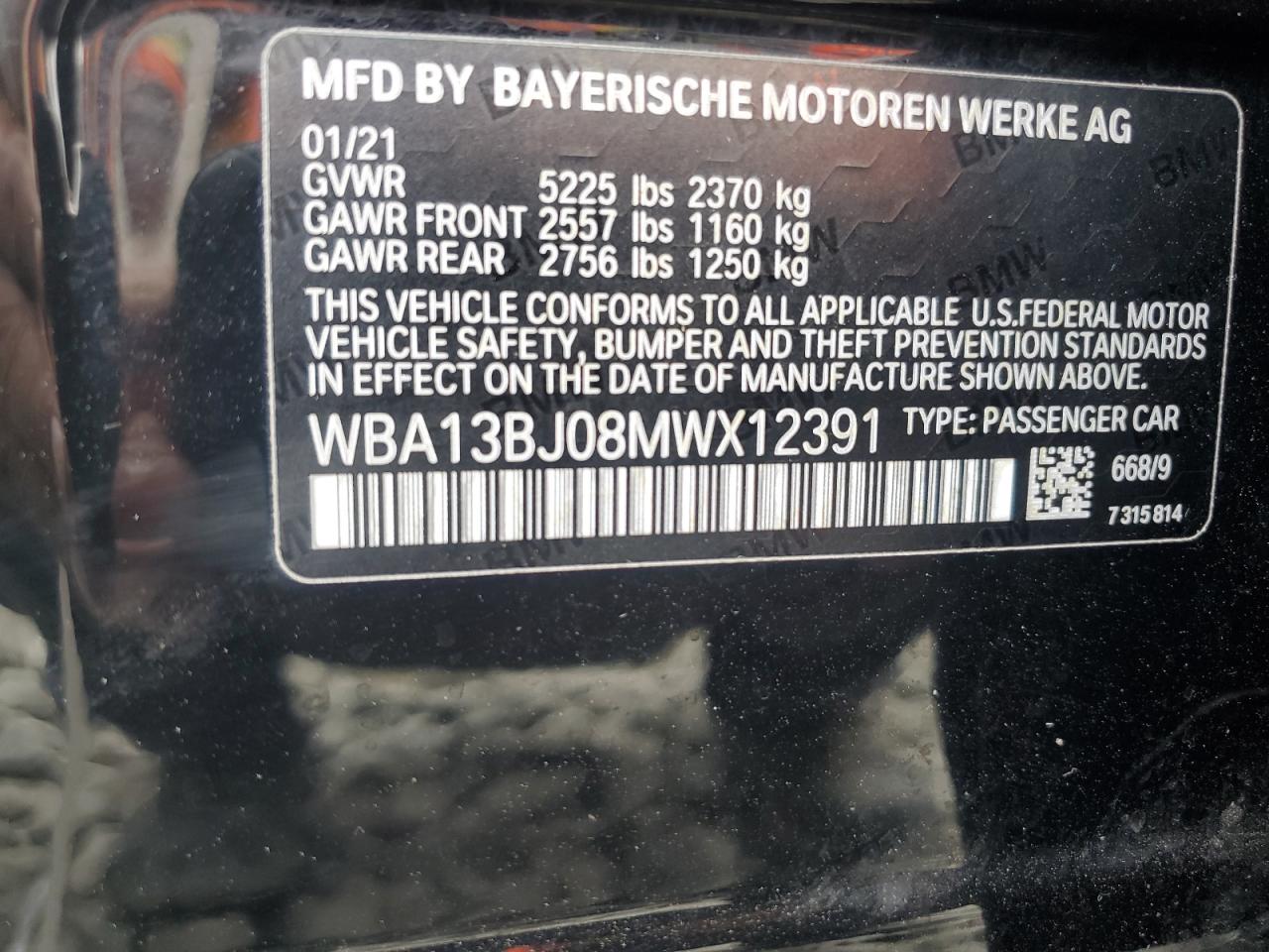 2021 BMW 530 Xi VIN: WBA13BJ08MWX12391 Lot: 68364595