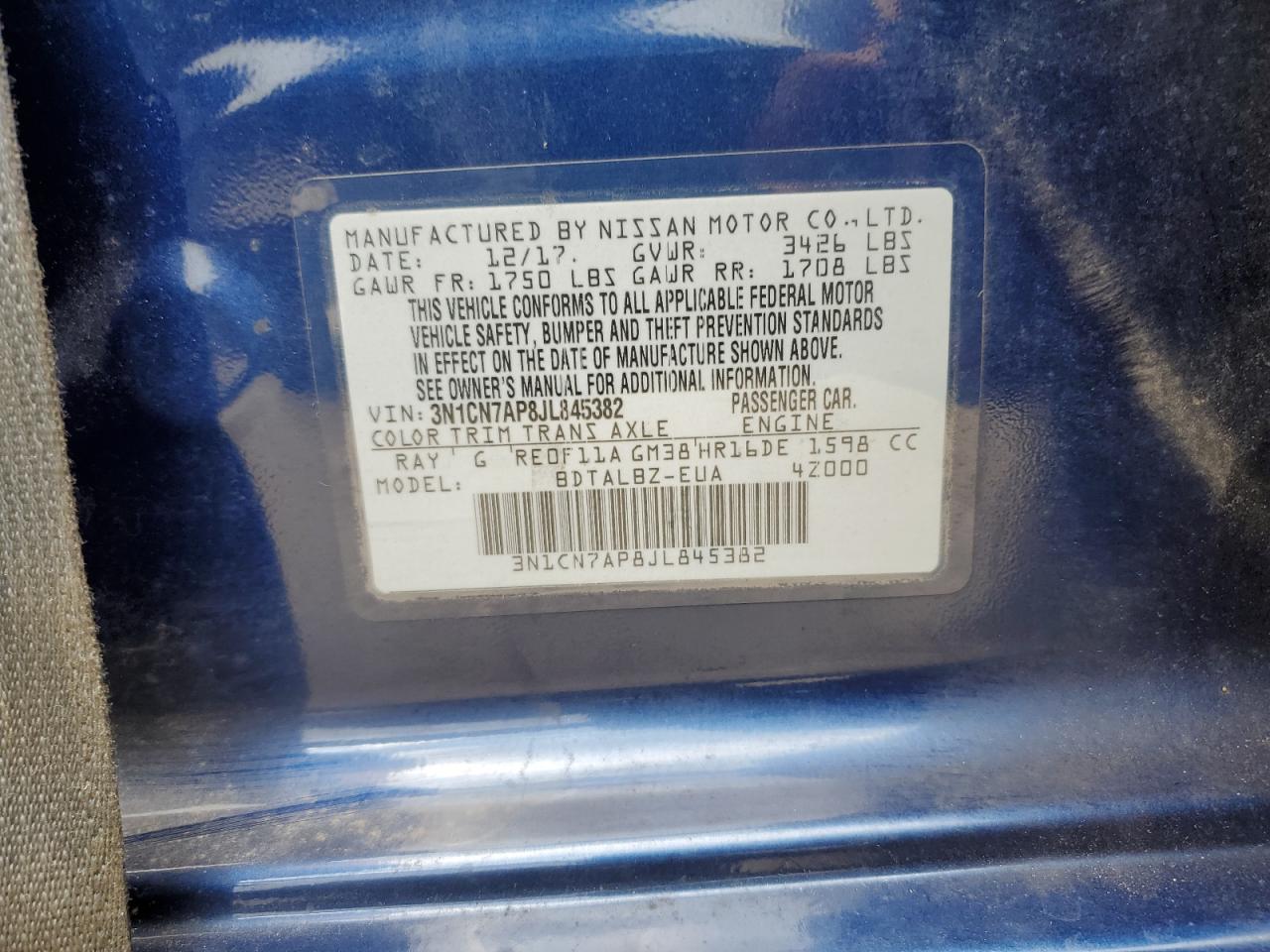 2018 Nissan Versa S VIN: 3N1CN7AP8JL845382 Lot: 69941585