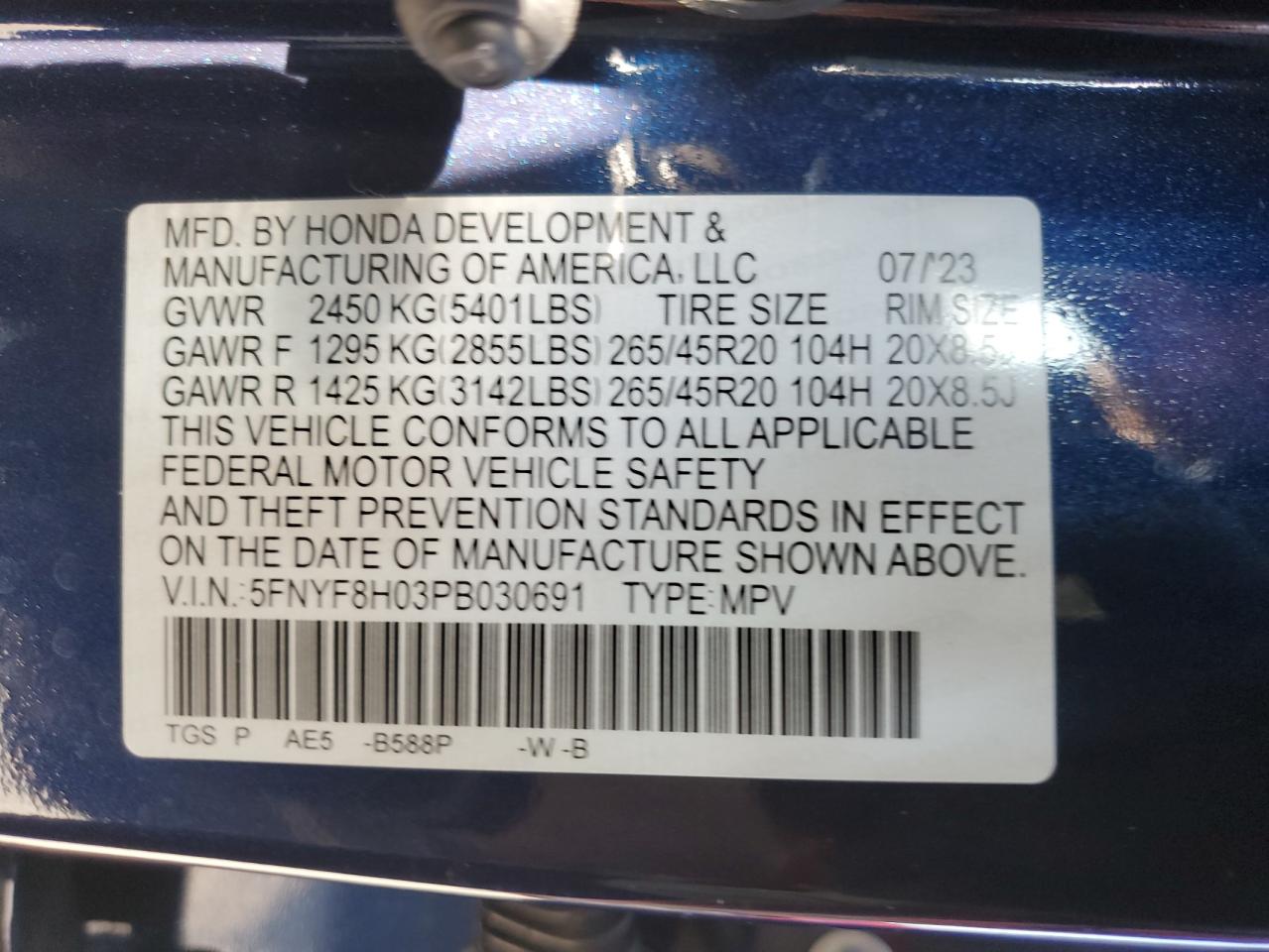 2023 Honda Passport Elite VIN: 5FNYF8H03PB030691 Lot: 68190245