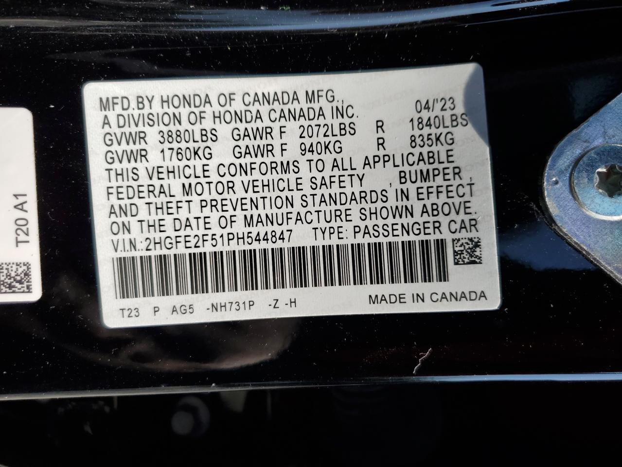 2023 Honda Civic Sport VIN: 2HGFE2F51PH544847 Lot: 68962795