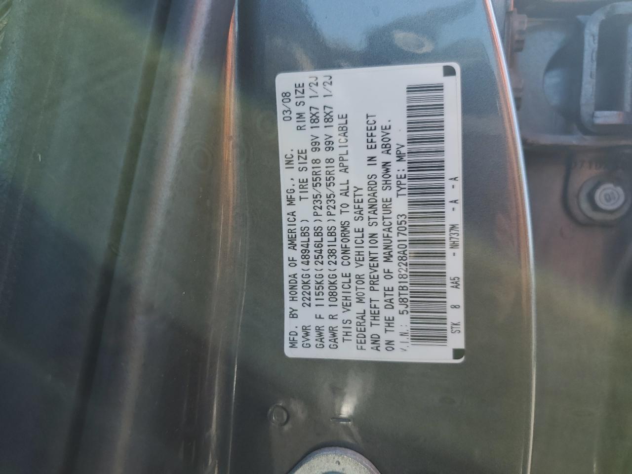 2008 Acura Rdx VIN: 5J8TB18228A017053 Lot: 68886045