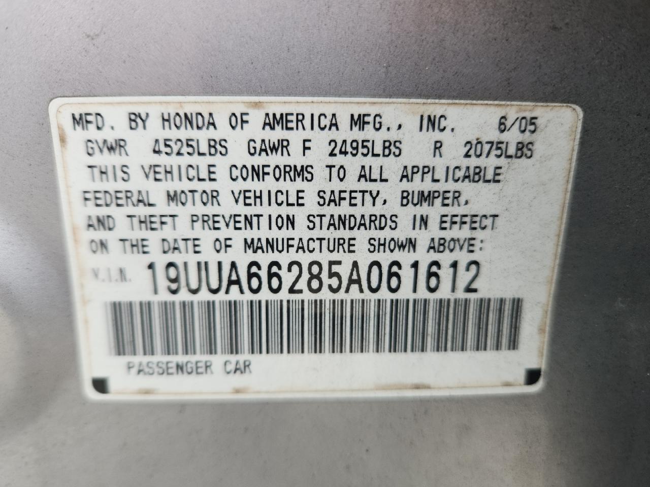 2005 Acura Tl VIN: 19UUA66285A061612 Lot: 68660155