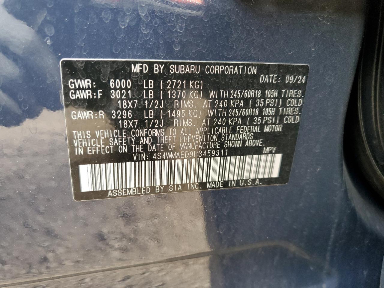 2024 Subaru Ascent Premium VIN: 4S4WMAED9R3459311 Lot: 68587995