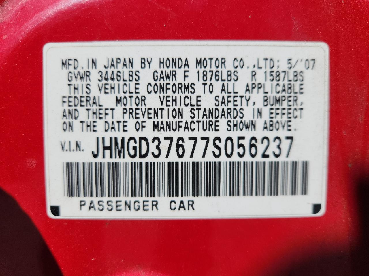 2007 Honda Fit S VIN: JHMGD37677S056237 Lot: 69943545