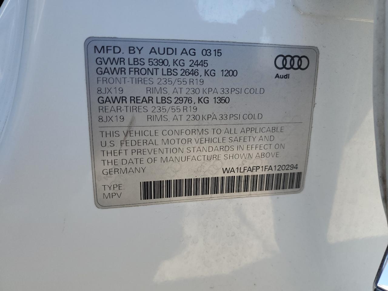 2015 Audi Q5 Premium Plus VIN: WA1LFAFP1FA120294 Lot: 66860005