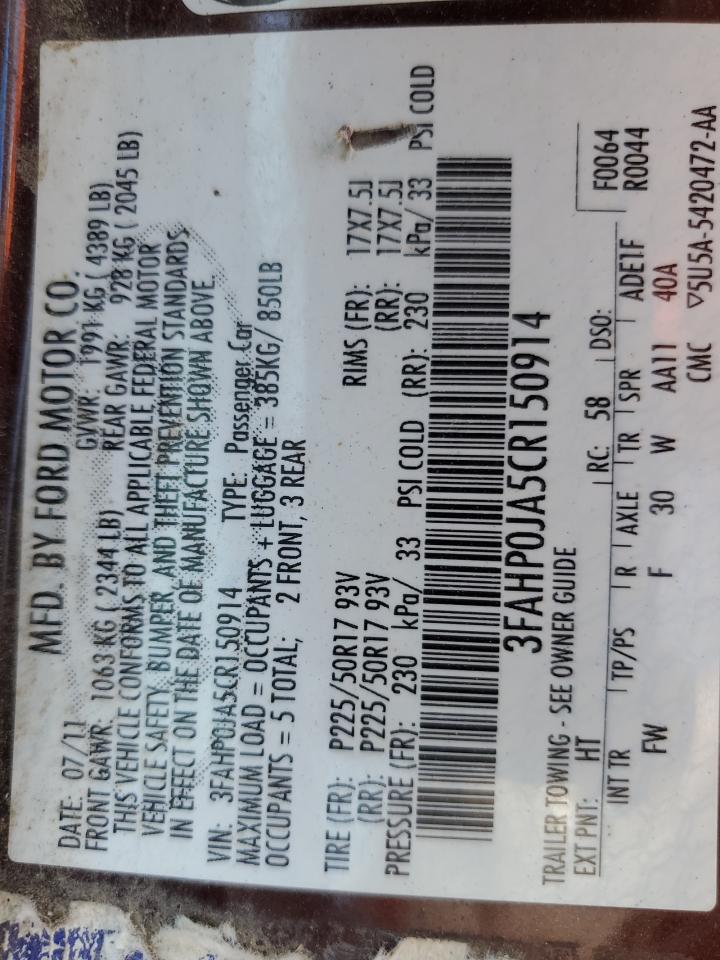 2012 Ford Fusion Sel VIN: 3FAHP0JA5CR150914 Lot: 64625645