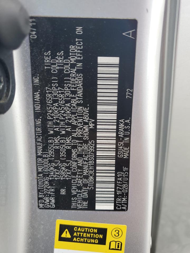 2011 Toyota Highlander Base VIN: 5TDBK3EH1BS079925 Lot: 70480805