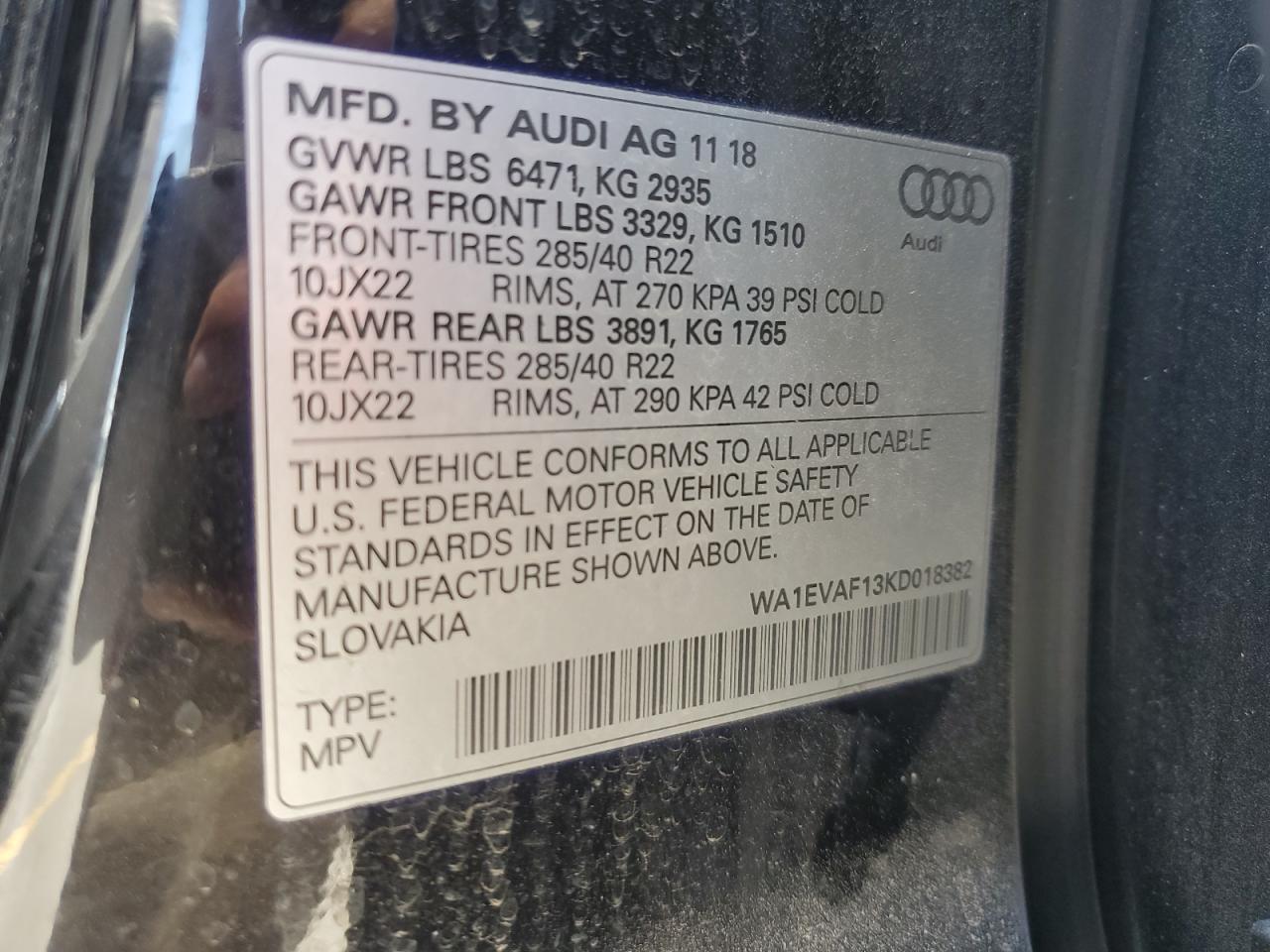 2019 Audi Q8 Premium Plus S-Line VIN: WA1EVAF13KD018382 Lot: 67664815