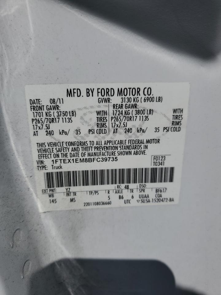 2011 Ford F150 Super Cab VIN: 1FTEX1EM8BFC39735 Lot: 70229865