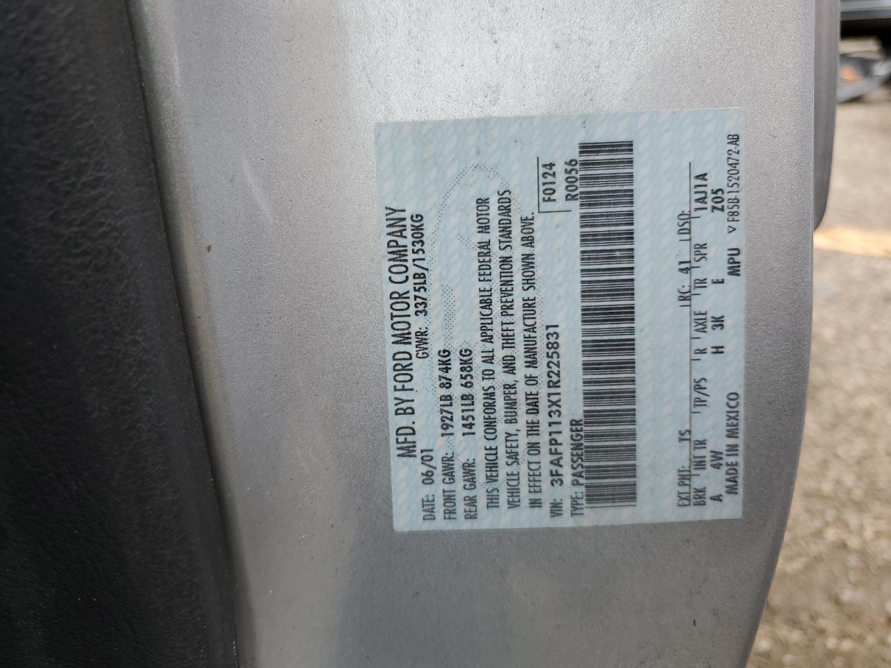 2001 Ford Escort Zx2 VIN: 3FAFP113X1R225831 Lot: 69448105