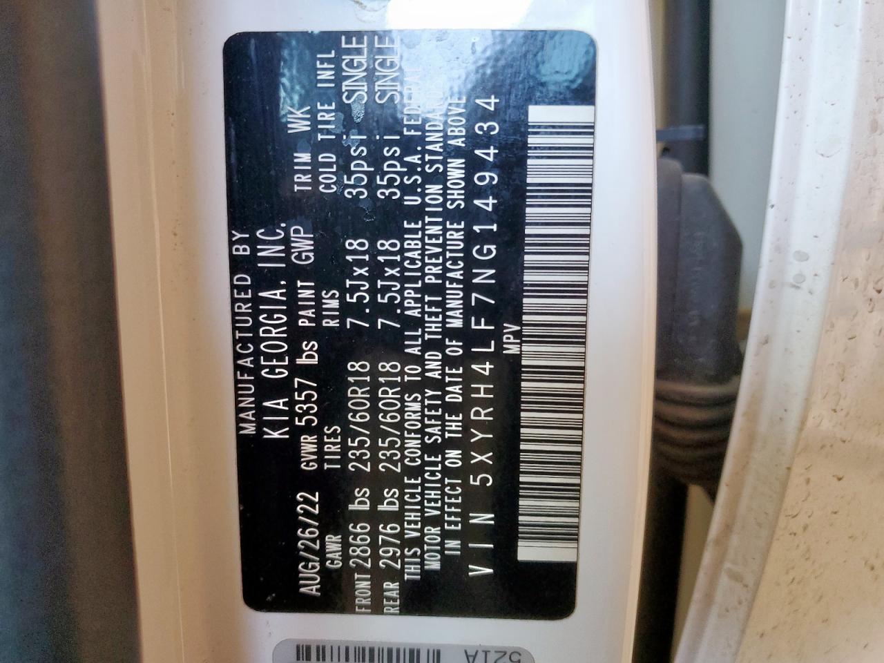 2022 Kia Sorento Ex VIN: 5XYRH4LF7NG149434 Lot: 69549625