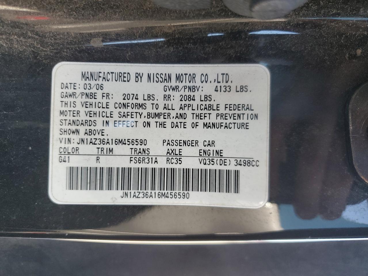 2006 Nissan 350Z Roadster VIN: JN1AZ36A16M456590 Lot: 70230235