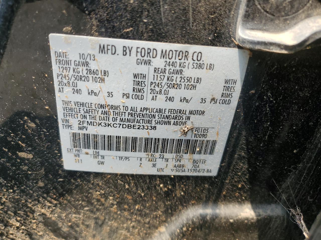 2013 Ford Edge Limited VIN: 2FMDK3KC7DBE23338 Lot: 67990855