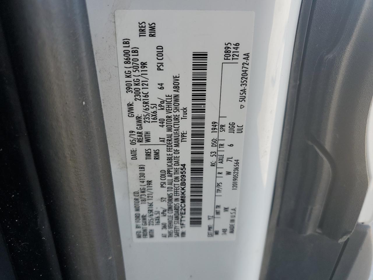 2019 Ford Transit T-150 VIN: 1FTYE2CM8KKB09554 Lot: 70433365