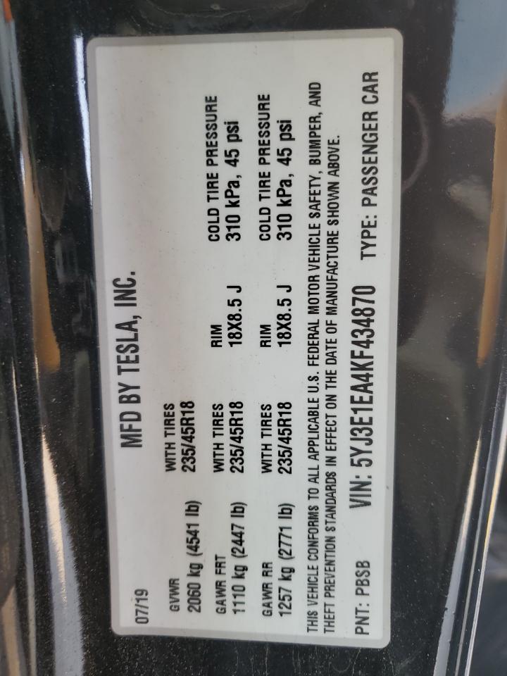 2019 Tesla Model 3 VIN: 5YJ3E1EA4KF434870 Lot: 67325805