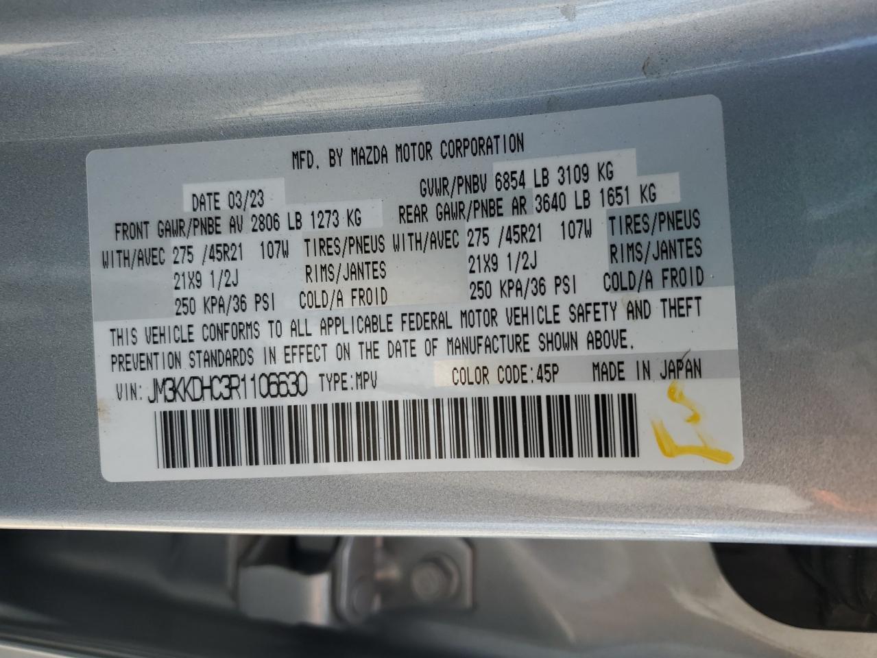 2024 Mazda Cx-90 Premium VIN: JM3KKDHC3R1106630 Lot: 70529965