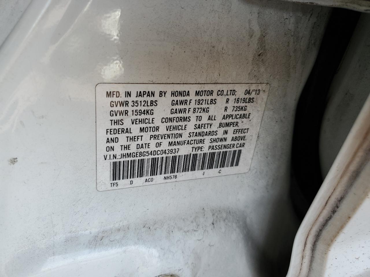 2013 Honda Fit Sport VIN: JHMGE8G54DC043937 Lot: 70149345