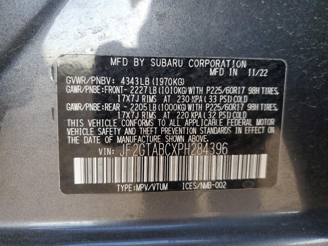 2023 Subaru Crosstrek VIN: JF2GTABCXPH284396 Lot: 67821685